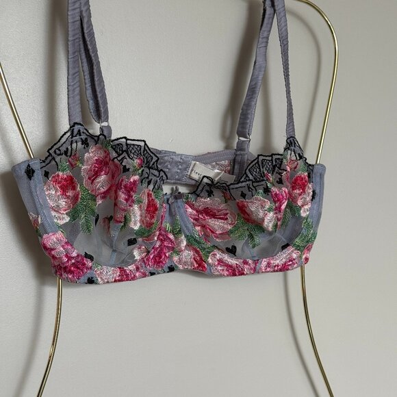 Fleur du Mal Embroidered Rose Mesh Balconette Bra  34D - Picture 1 of 5